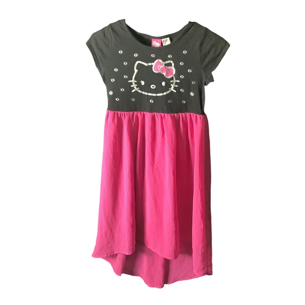 Hello Kitty Girls Dress Black Pink Hi‎ Lo Sparkle Sz L 10 12 Short Sleeve